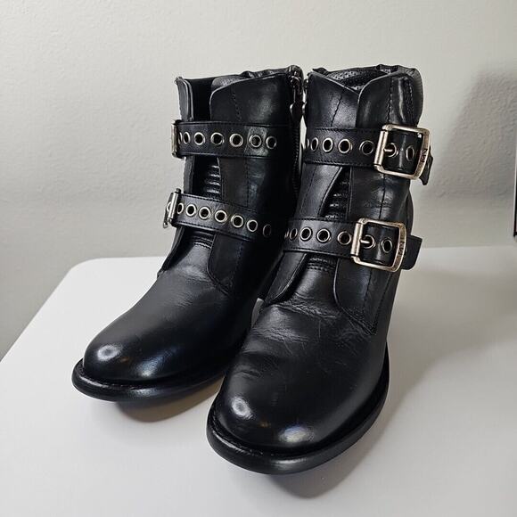 Mark Nason Black Leather Moto Buckle Ankle Heel Boots Size 9 - Picture 1 of 7